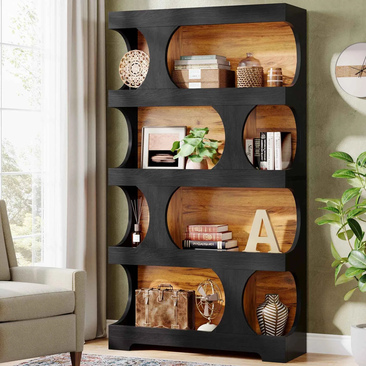 Tribesigns 71" Tall Bookcase, 4-Tier S-Shaped Bookshelf, Wood Decorative Storage Shelving, Modern Freestanding Display Shelves