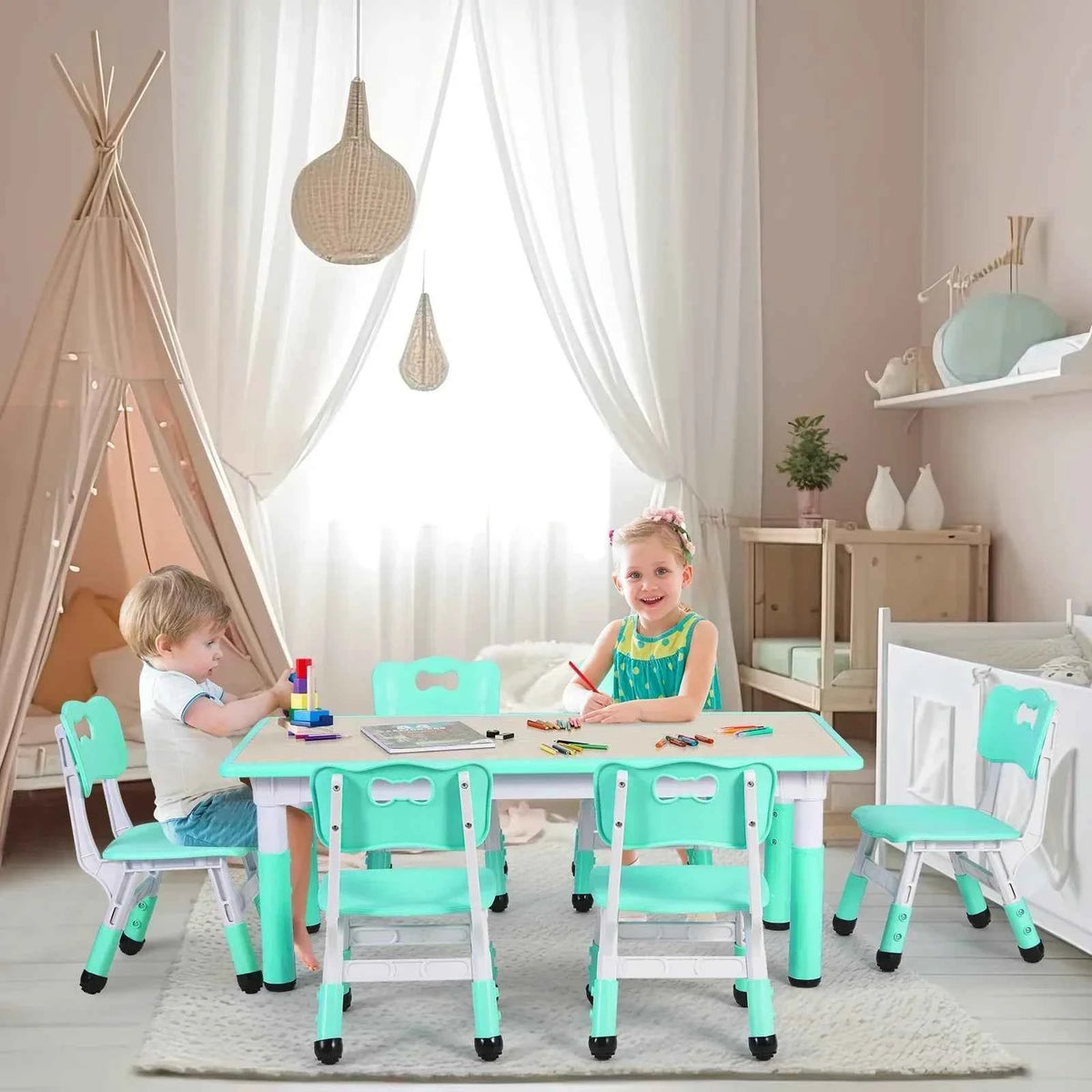 Homfa Rectangle Kids Table with 6 Chairs Set, Height Adjustable. Toddler Multi Activity Table Set, Arts & Crafts Desk for 2-10 years old.