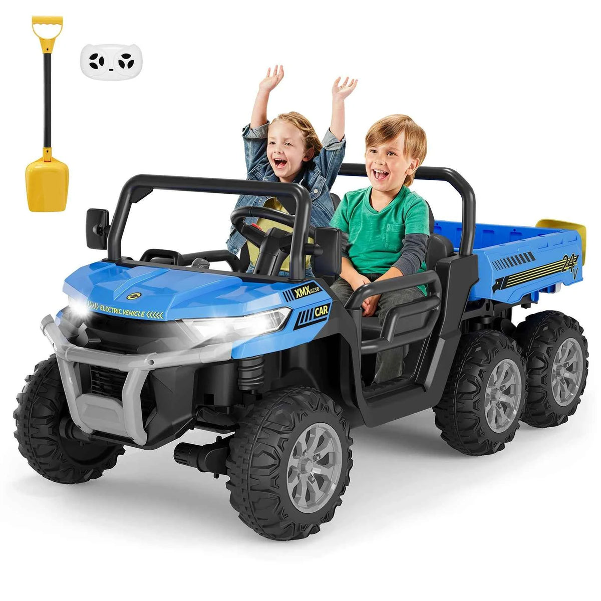 24V Kids Electric Ride Dump Truck, a 2 Seater 4WD with 6 Wheels. Parent Remote Control with 3 speeds. With Dump Bed, Bluetooth for Music, LED Lights, 2 Speeds