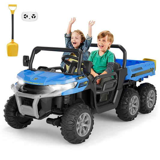 24V Kids Electric Ride Dump Truck, a 2 Seater 4WD with 6 Wheels. Parent Remote Control with 3 speeds. With Dump Bed, Bluetooth for Music, LED Lights, 2 Speeds