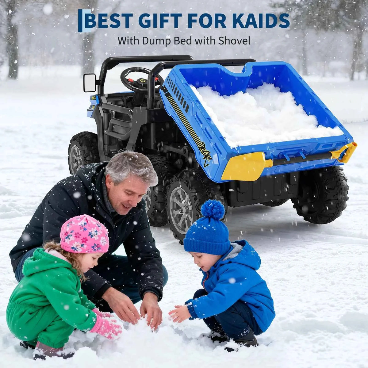 24V Kids Electric Ride Dump Truck, a 2 Seater 4WD with 6 Wheels. Parent Remote Control with 3 speeds. With Dump Bed, Bluetooth for Music, LED Lights, 2 Speeds