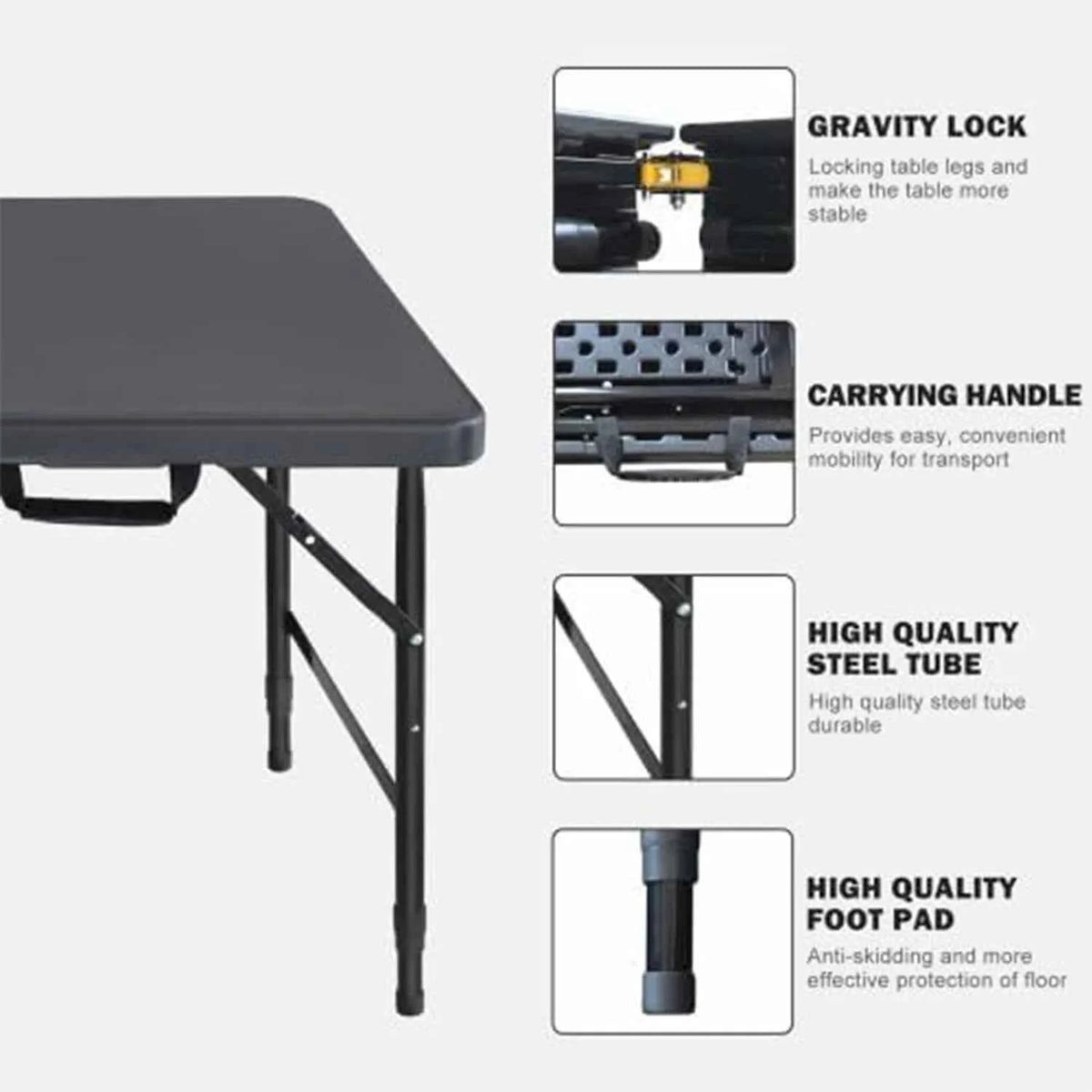 Folding Table 4ft Height, Adjustable Heavy-Duty Plastic 300lb Steel Frame, Portable Table with Carry Handle, Anti-Slip Feet, Waterproof & Easy to Clean,300LBS Weight Capacity for Indoor & Outdoor