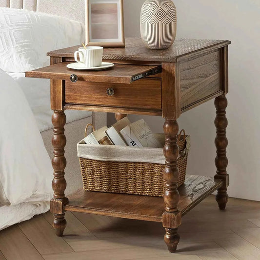 Solid Wood Spindle Nightstand with Charging Station, Drawer, Shelf, and Pull-Out Side Table. Customized Bedroom Furniture