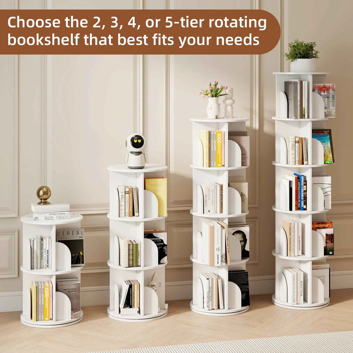 Rotating 3-Tier Bookshelf, 360° Spinning Corner Bookcase with Lazy Susan, White.  Space Saving Organizer. Adults & Kids, 15.75" Diameter