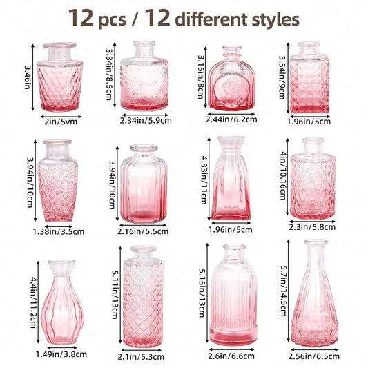 12 Pack Glass Bud Vase Set, Small Vintage Flower Vases for Centerpieces, Blue/Green/Pink Decorative Bottles for Wedding, Home, Table Decor, Mother's Day Gift