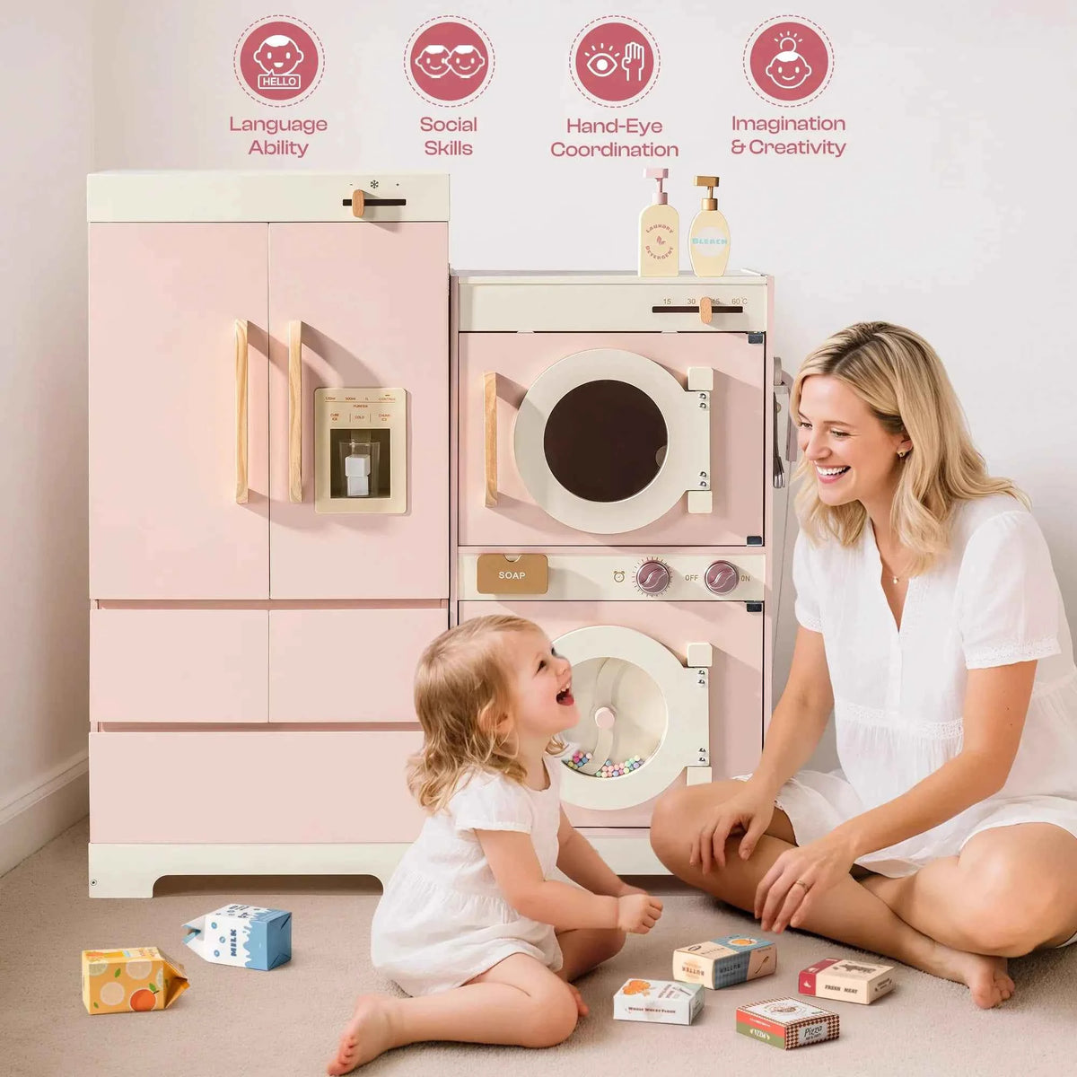 Robud Kids Wooden Pink Play Kitchen. All in 1 Corner Set Includes Oven, Refrigerator. Washer. Perfect Birthday Gift for Little Chefs.