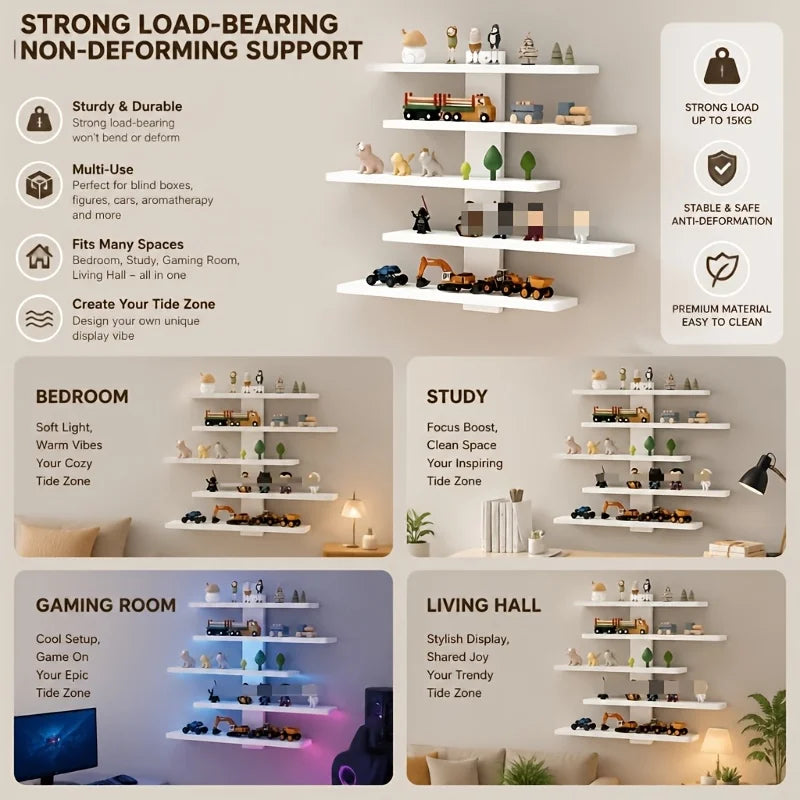 4-Piece Set of Collectible Floating Wall Racks, Multi-Tiered Wall Shelving Units, Versatile Display Stands, Suitable for Office and Home Decor, Ideal for Storing Statues and Small Figurines, Decorative Shelves, Functional Sto