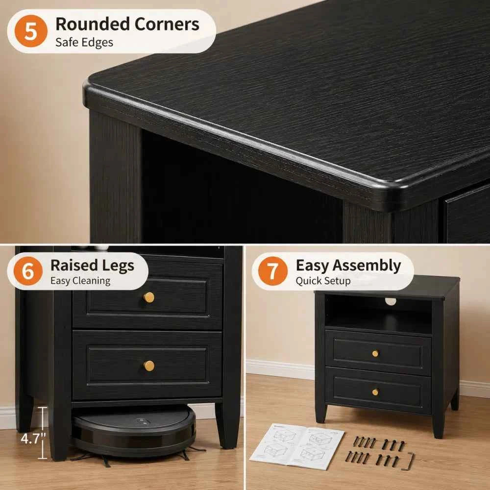 Nightstand with Charging Station, 2 Drawers and Open Shelf. With USB Type C Port & AC Outlet. Farmhouse Storage Cabinet.  Black