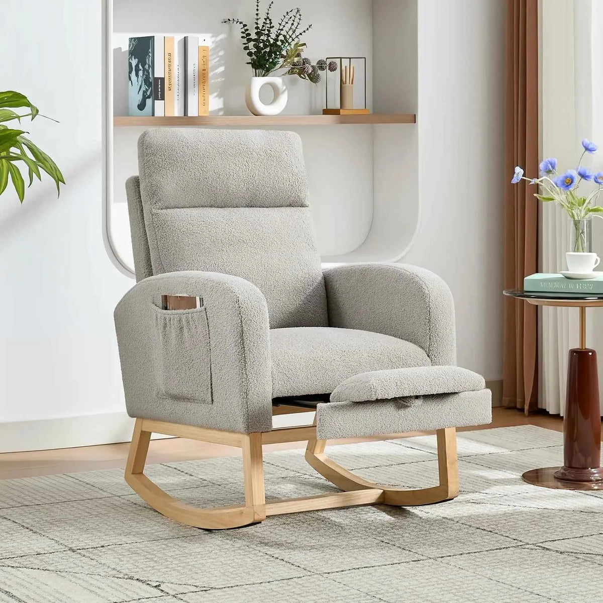 Modern Nursery Rocking Chair, Teddy Upholstered Rocking Chair with Footrest, & with Side Pocket, Rocker Glider for Living Room, Bedroom, Nursing Room