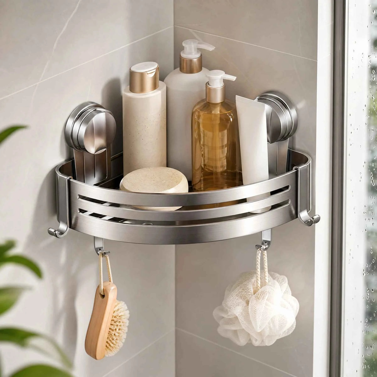 Shower Wall Storage Basket,Suction Mount No Drilling,Rustproof Aluminum, 4-Layer Protection,for Corner Space, Includes Towel Bar