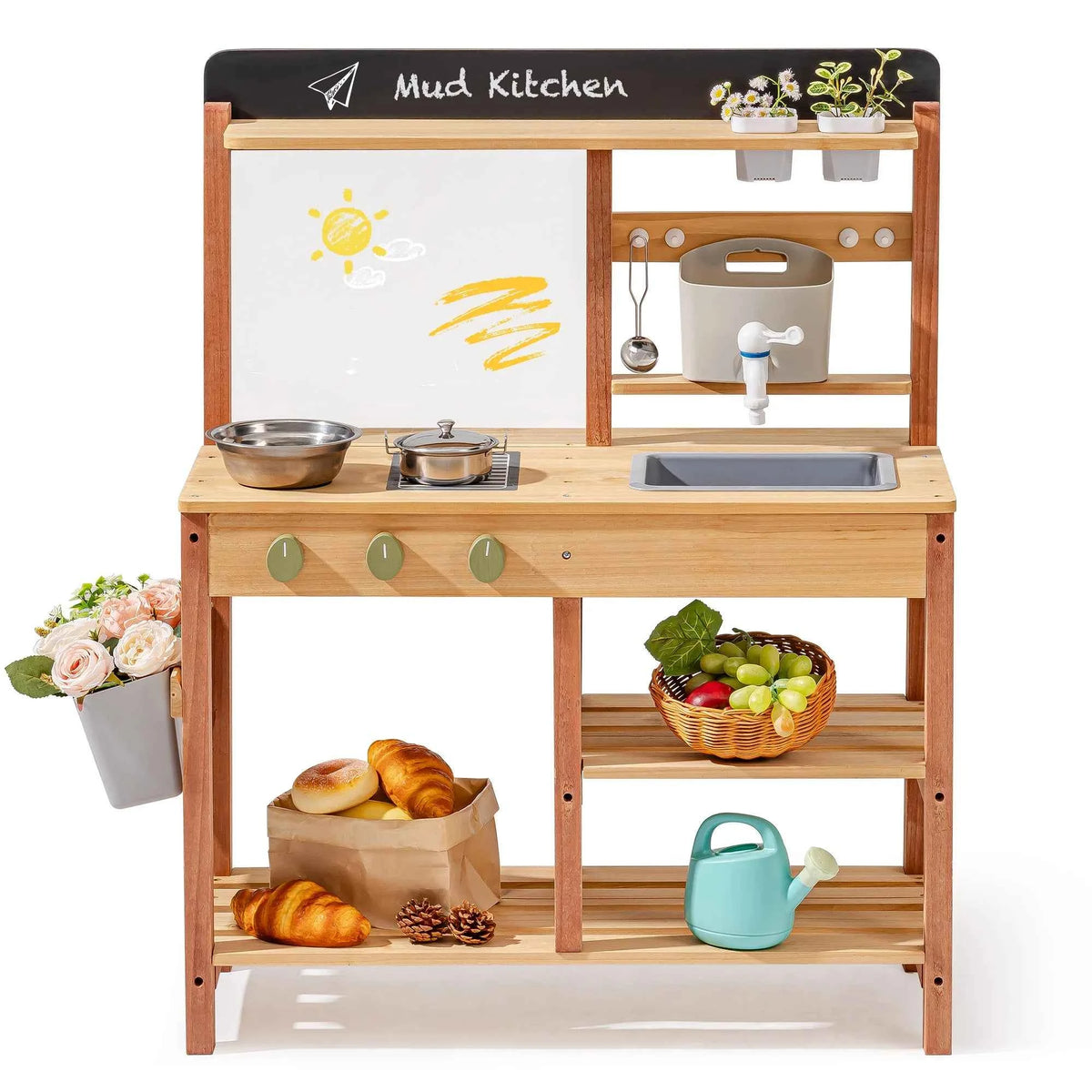 Robud Montessori Mud Kitchen. Wooden Outdoor Play Kitchen with Sink & Storage. Develops Fine Motor Skills. Ideal Gift for Kids Age 3+
