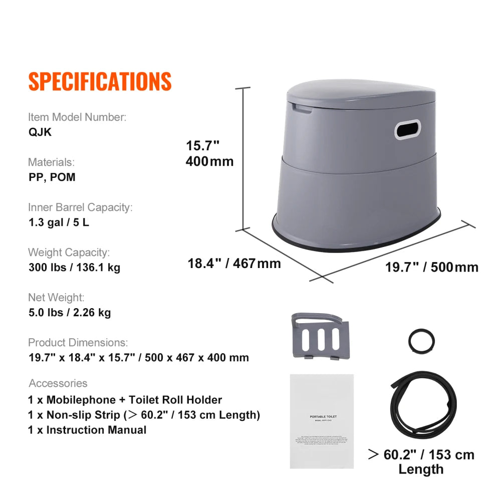Portable Toilet for Camping, Porta Potty with 1.3 Gal Detachable Inner Bucket & Removable Paper Holder, Commode with Dual Lids, Travel Toilet for Adults & Kids. Outdoor Camping, Long Car Road Trips