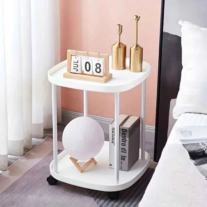 Multifunctional 2-Tier Round Side Table with Lockable Wheels, INS Style  Movable Storage Rack Cart,