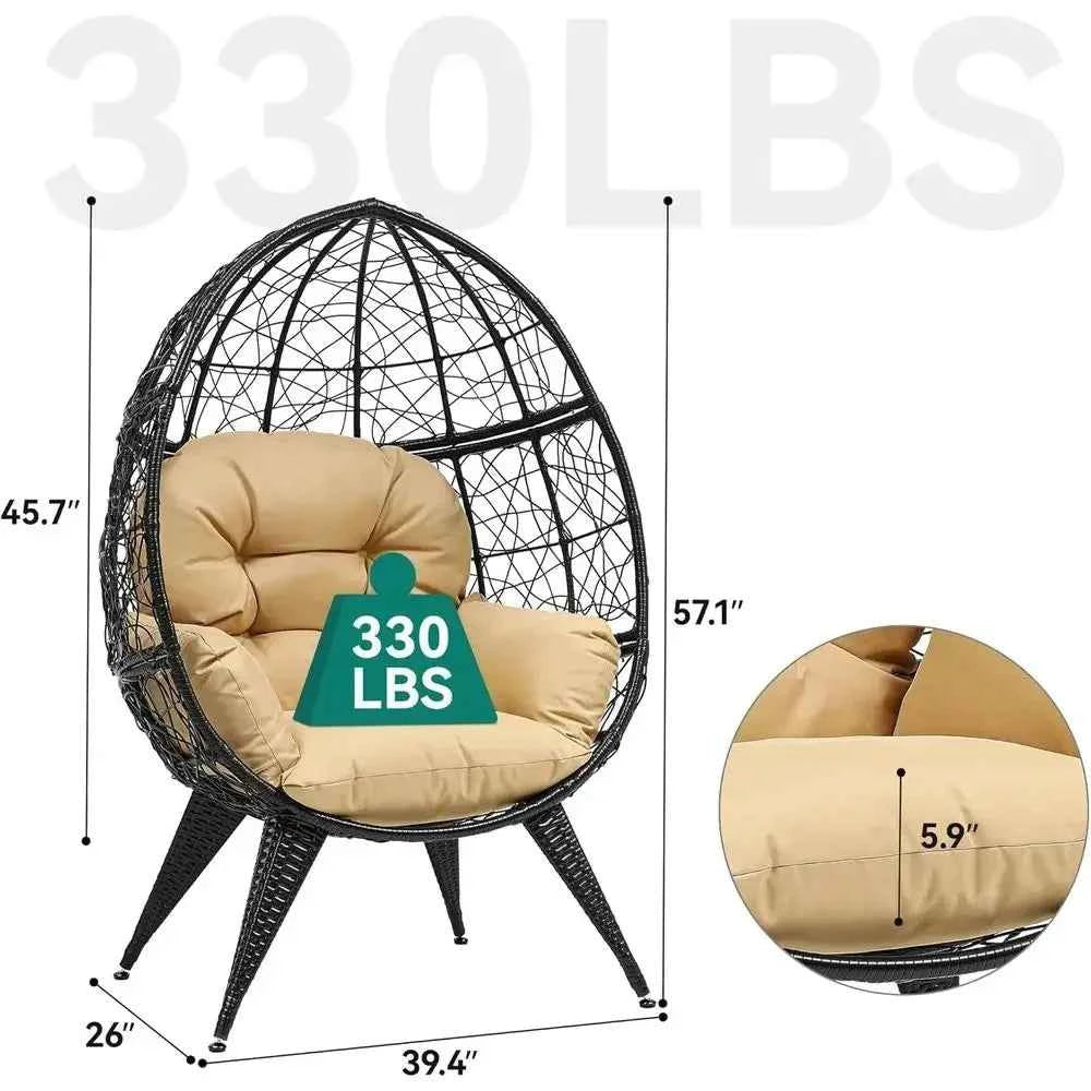 Oversized Wicker Egg Chair with Adjustable Stand, Cushion, and 350lbs Capacity for Indoor or Outdoor Use