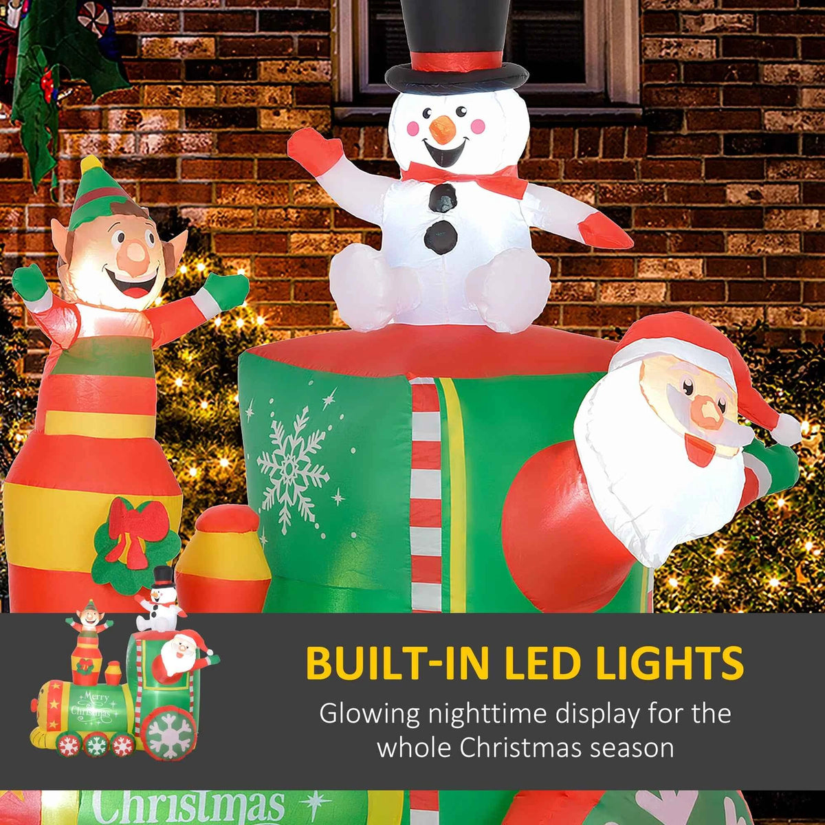 6FT Christmas Inflatables Train, Santa Claus and Snowman Drive Train Blow-Up Outdoor Christmas Decorations with White LED Lights.