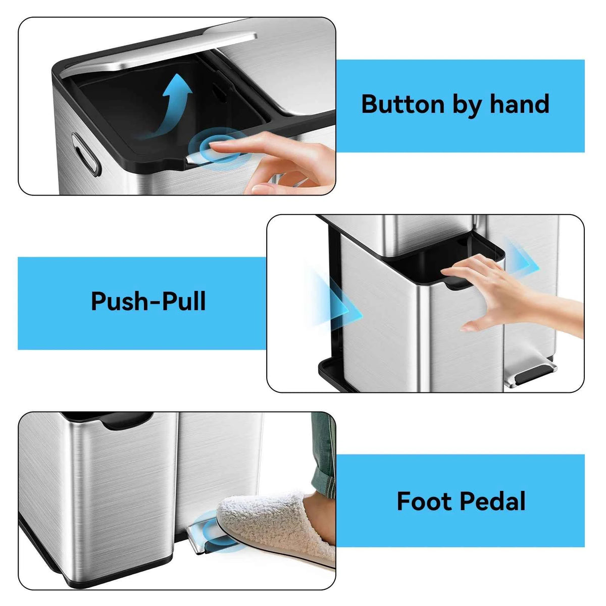 mVm 60L Three-Compartment Stainless Steel Recycling Trash Can, Kitchen Trash Can/Recycling Sorting Bin