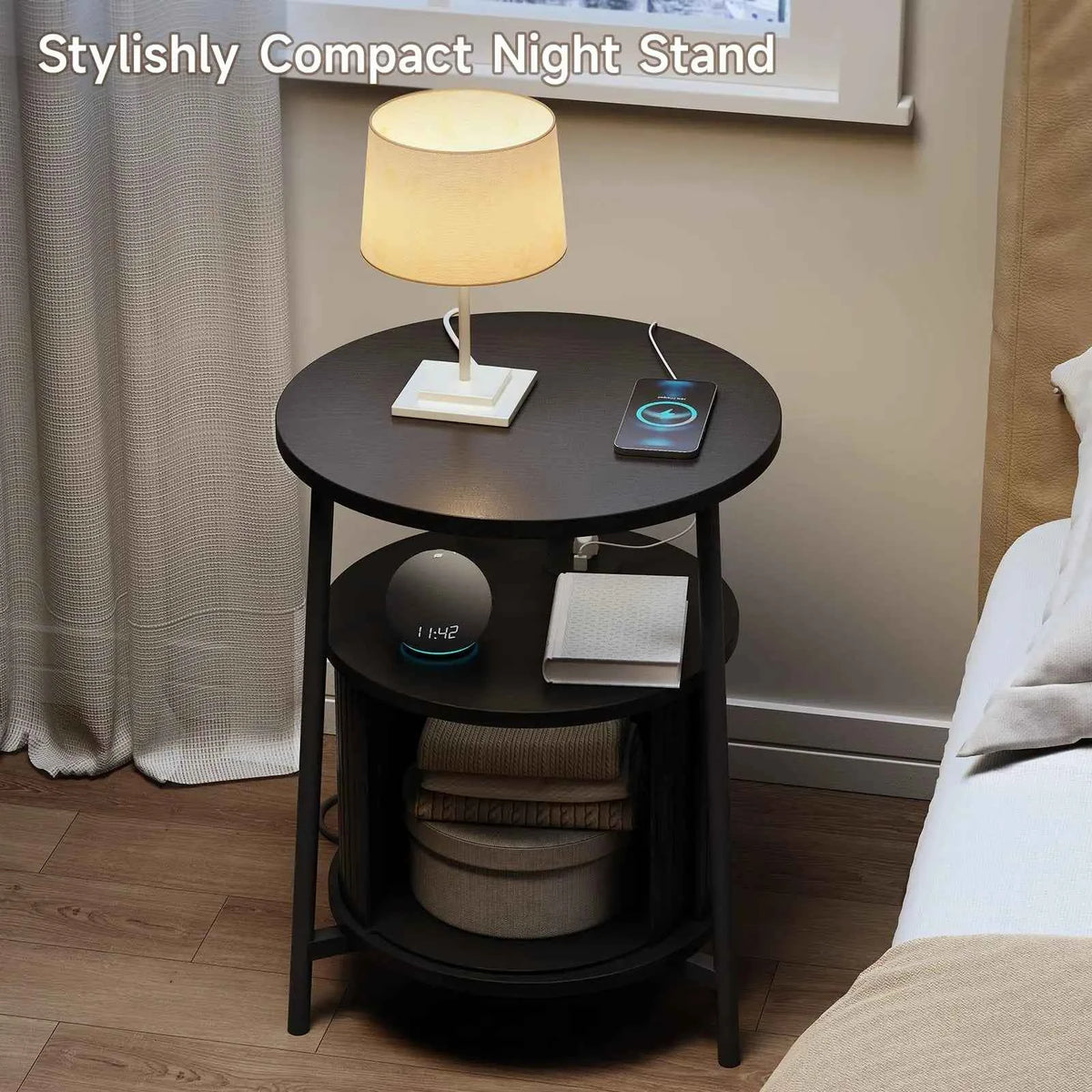 Black Small Round Side Table with Storage, Fluted Nightstand with Charging Station, Modern Bedside Tables, End Tables