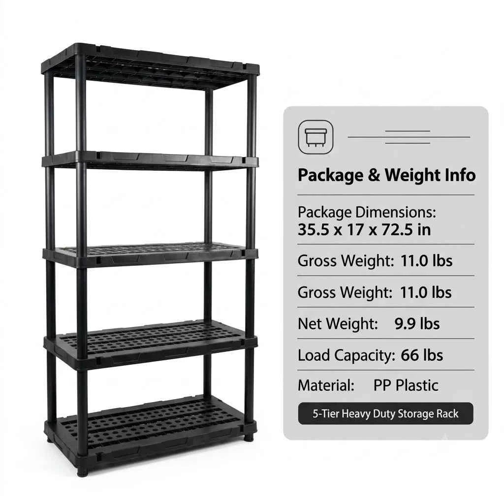 4 & 5 Tier Plastic Storage Shelving Unit, Heavy Duty Black PP Utility Rack, 3 Sizes Available Waterproof Organizer.