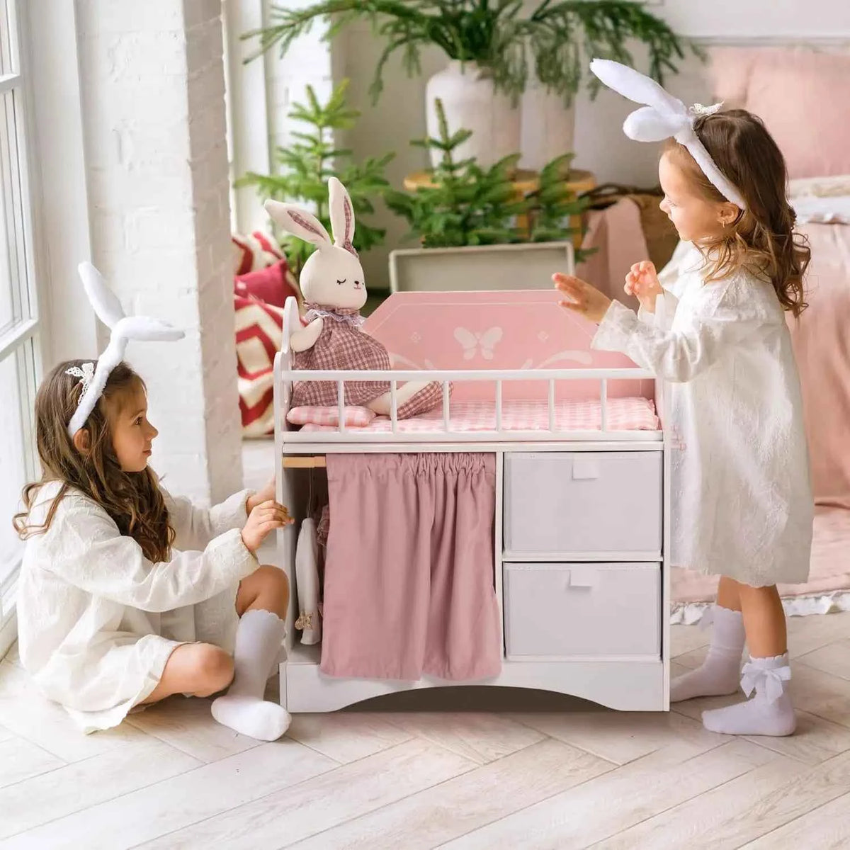 Wooden Toy Baby Crib with Storage,  Bedding. Wooden Hooks. Doll Crib will Fit Dolls up to 21 inches. Girls ages 3+  . Pink