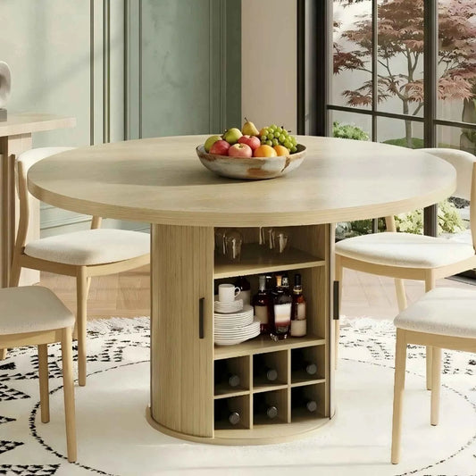 47 Inch Round Dining Table For 4-6 With Hidden Storage, 6 Bottle Wine Rack & Glass Holder, Kitchen Table For Home Dining