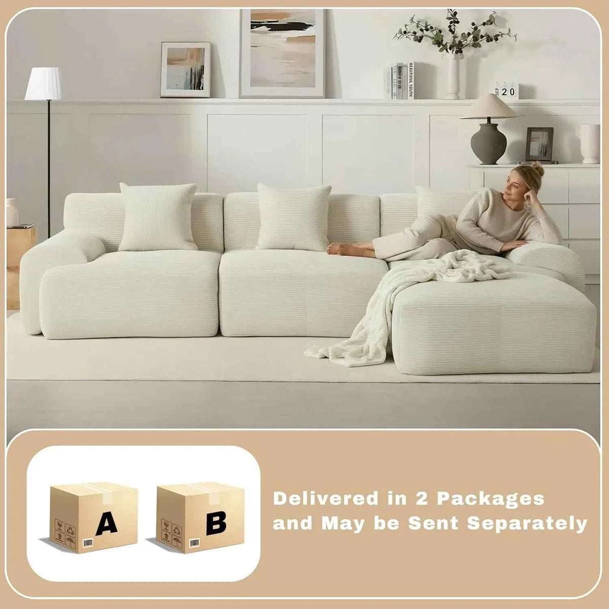 107in Modular Sectional Sofa with Ottoman. L-Shape Deep Seat Corduroy Memory Foam. No Assembly .Living Room Furniture, Custom