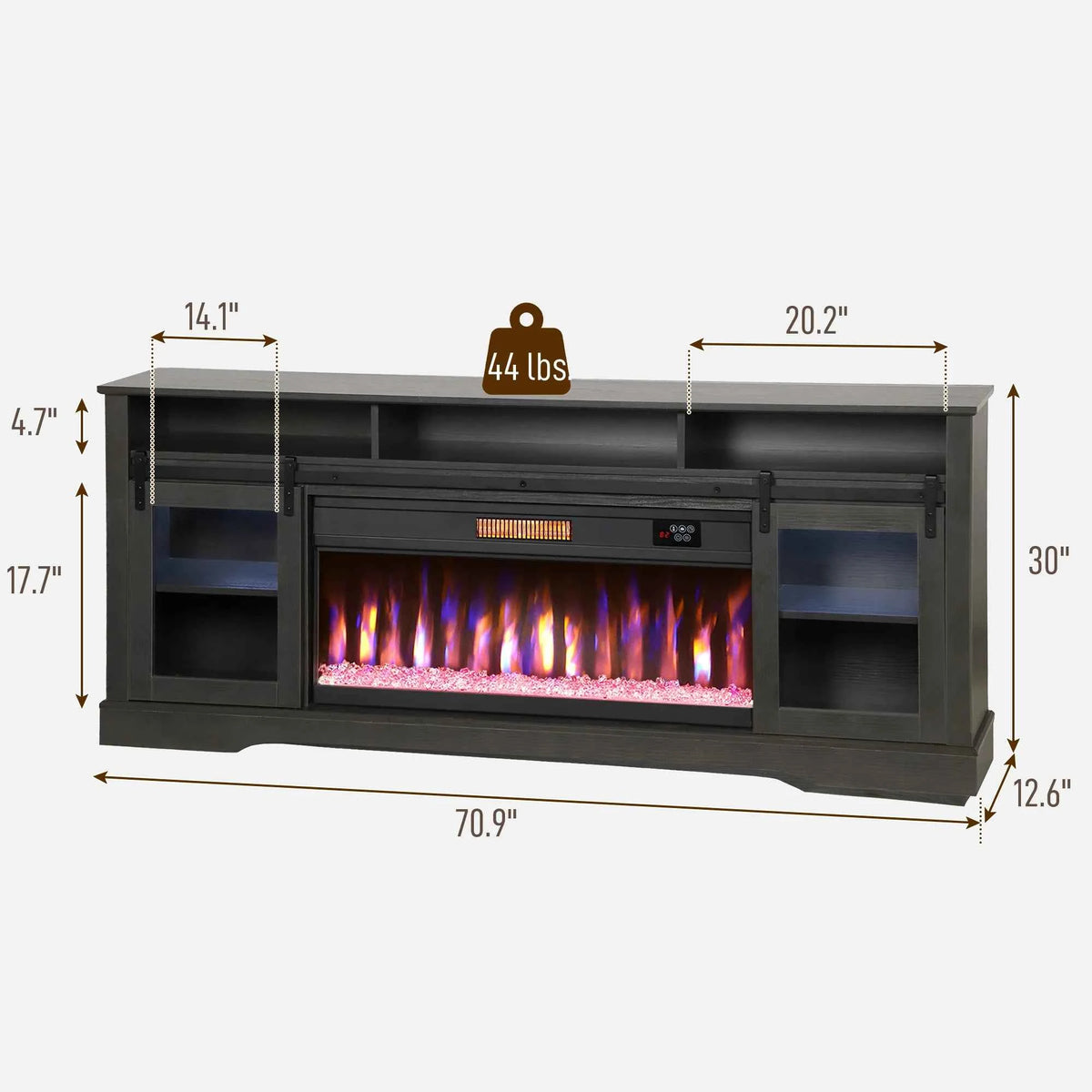 Fireplace TV Stand for TVs Up to 80 Inches, Modern Entertainment Center with 36" Glass Electric Fireplace & LED Lights, TV Console with Open Storage and Side Cabinets for Living Room, Black