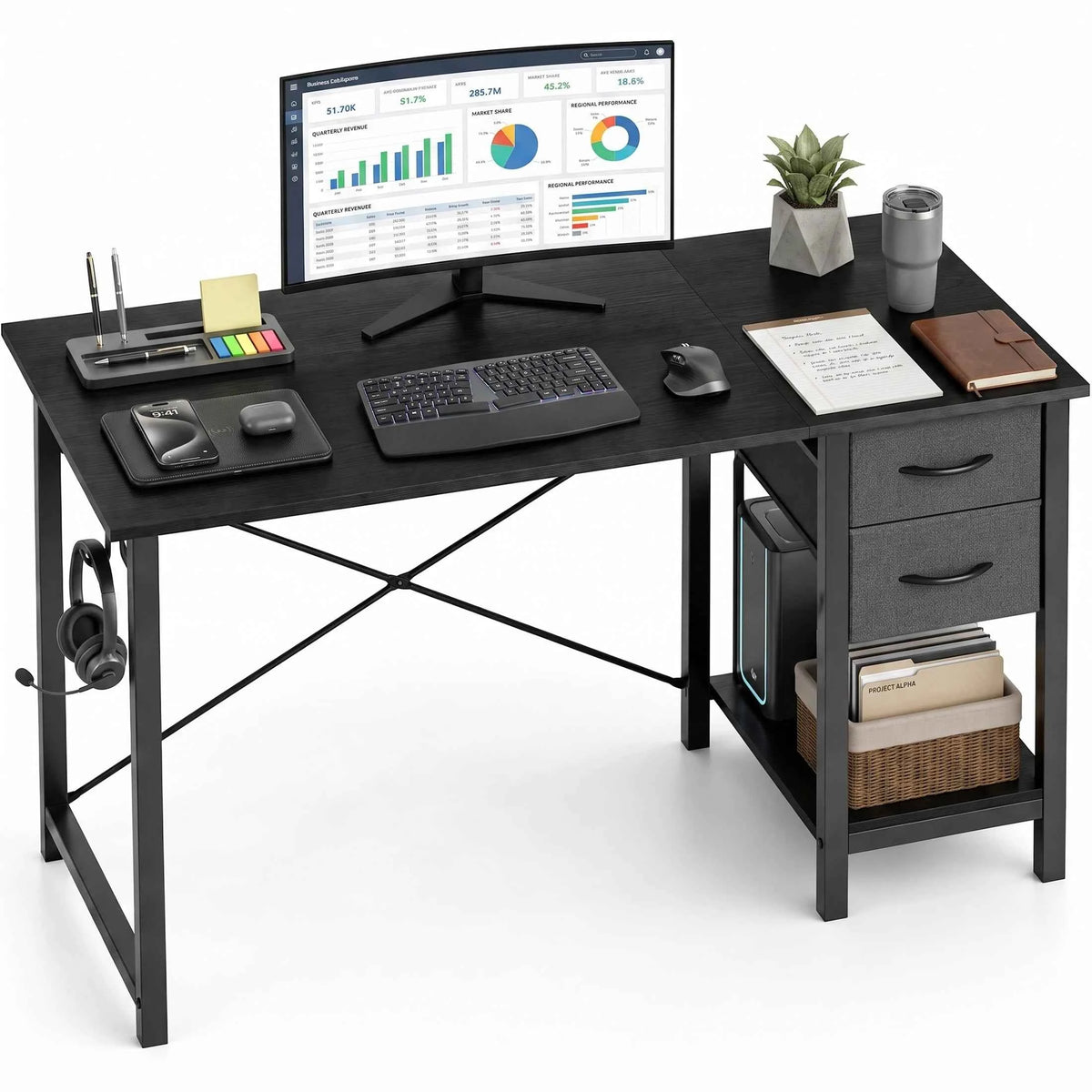MCQ 47 Inch Standing Office Computer Desk with Drawers and Side Hook. Ergonomic. With Storage, X‑Frame Stability For Home, Office, Small Space