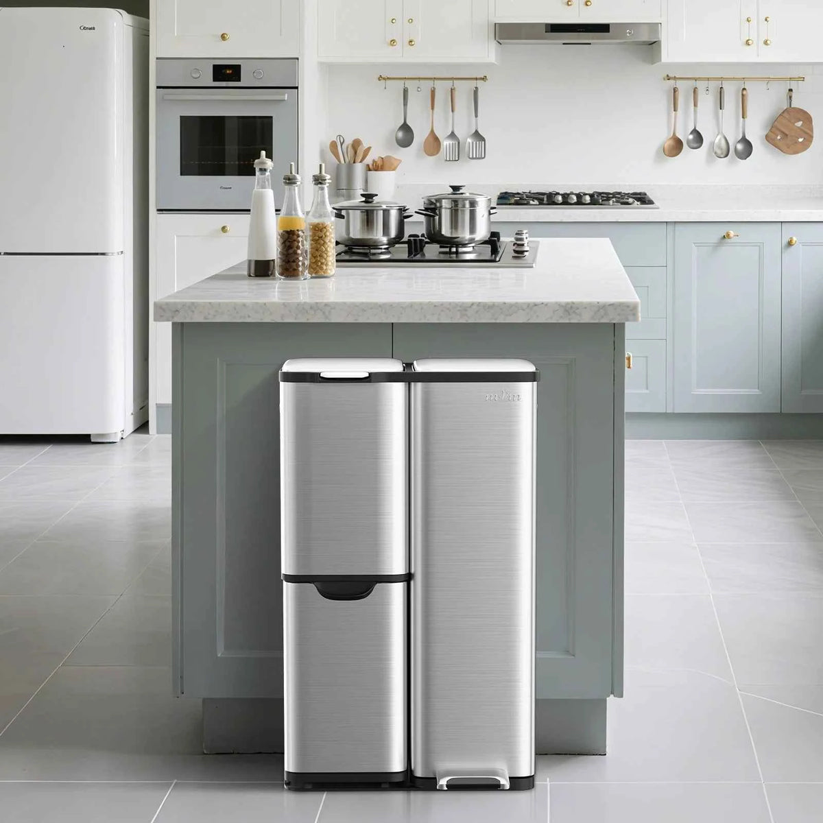 mVm 60L Three-Compartment Stainless Steel Recycling Trash Can, Kitchen Trash Can/Recycling Sorting Bin
