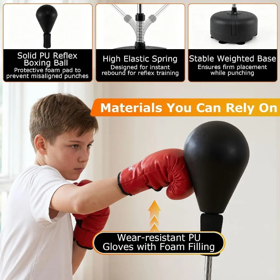 Adjustable Reflex Punching Bag with Stand, 4-Height Settings (54.5"-62"), Fillable Base, 6 Suction Cups, PU Boxing Gloves, Portable Home Gym Fitness Equipment