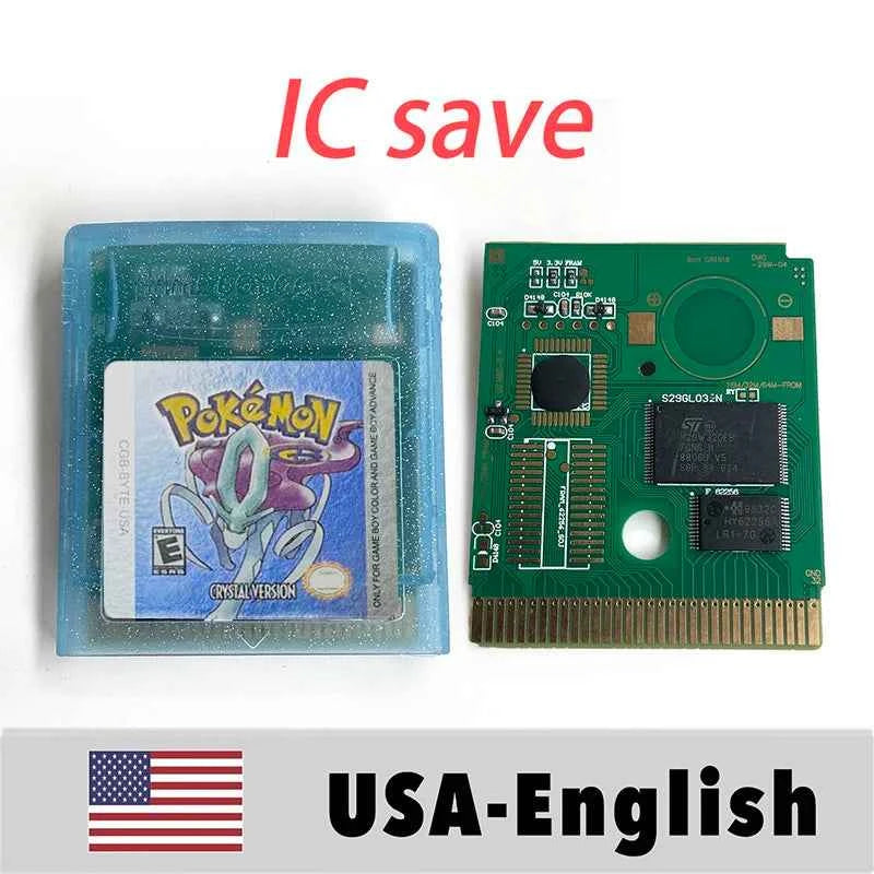 USA IC Save cart Pokemon Crystal, Red, Blue green,Yellow, Gold, Silver, Game Cartridge for GBC