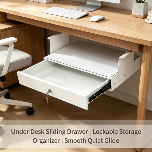 Under Desk Sliding Pull-Out Drawer with Lock & Computer Pad, Under-Mount Storage Organizer for Desks, 18x14x6.9in, White