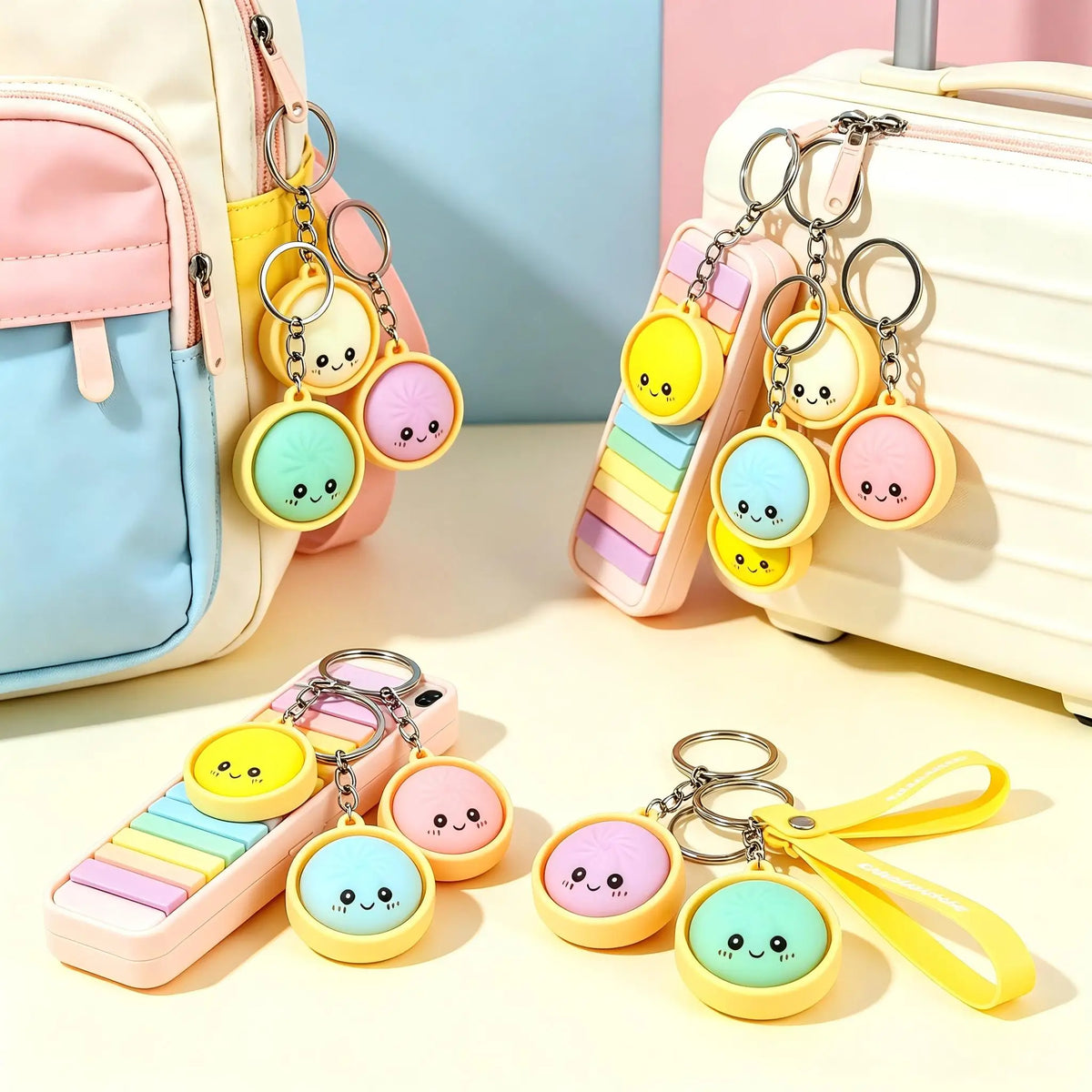 48Pcs Cute Steamed Bun Baozi Keychain. Random Color, Cartoon Face Key Ring, Pendant.