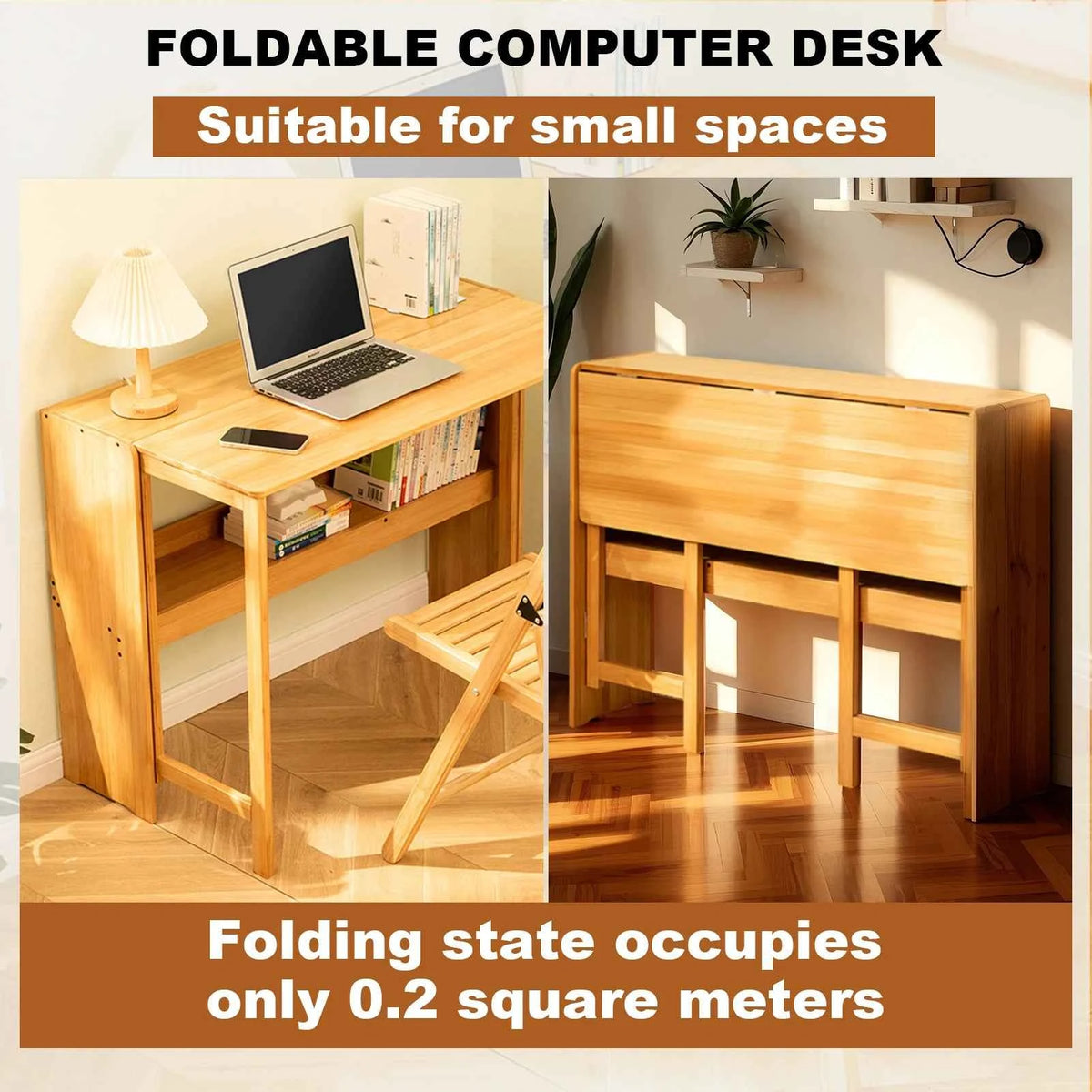 Bamboo Foldable Desk 40.6 Inch, Folding Desks for Small Spaces, Mid Century Small Computer Desk with Bookshelf. Brown, Primary Color