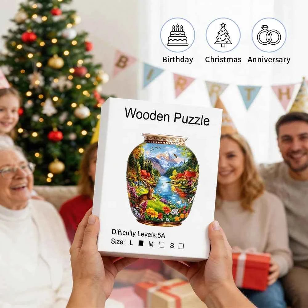Vase Shaped Mountain Lake, Cat, Floral Wooden Jigsaw Puzzle, Country Cabin Riverside Scenery Irregular Basswood Puzzle,