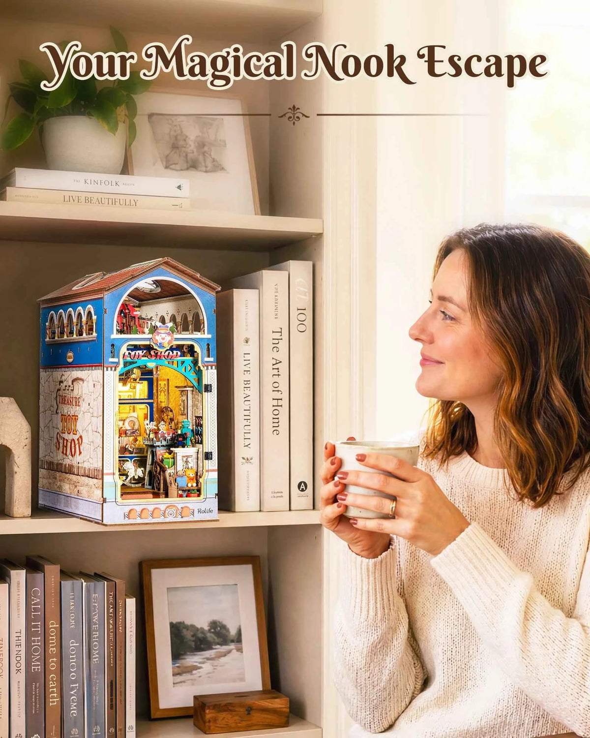 Rolife DIY Book Nook Kit 3D Puzzle. Treasure Toy Shop, Wooden Bookends Craft Kit with LED Light for Bookshelf Decor Brain Teasers Dollhouse Jigsaw for Holiday Gift