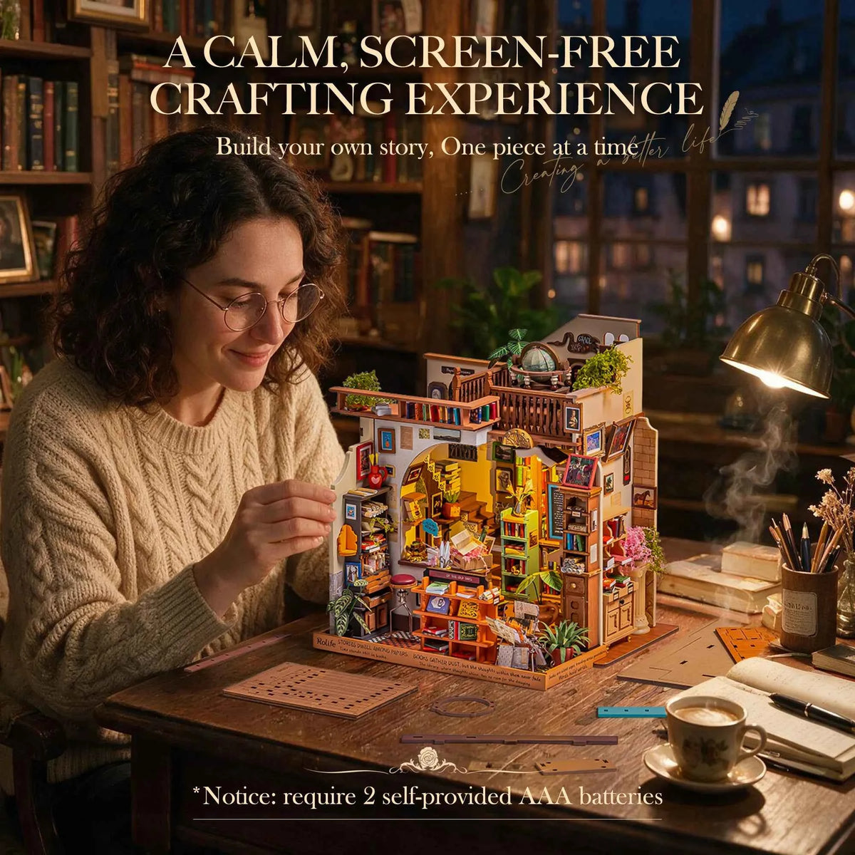 Rolife Wooden Dollhouse 3D Puzzle,  Page story Bookstore, DIY Miniature House Craft Kit Kit with LED Light for Bookshelf Decor. Brain Teasers, Jigsaw Toys, Holiday Gift for Book Lovers