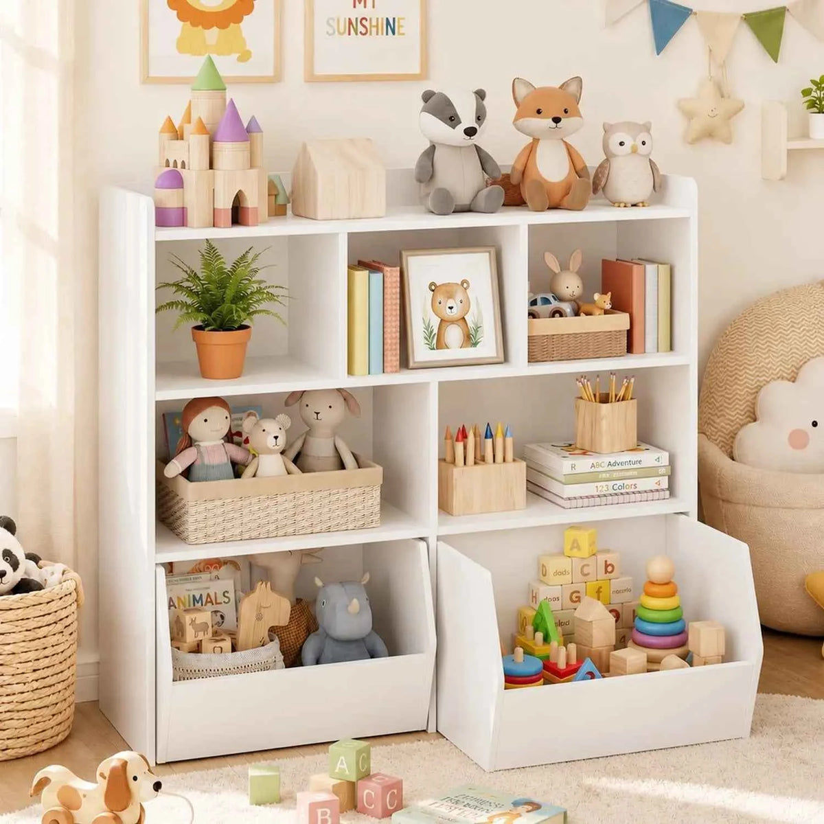 Toy Storage Organizer With 2 Rolling Drawers, Kids Bookshelf With 5 Open Cubbies, Storage Cabinet For Playroom, Bedroom And Nursery