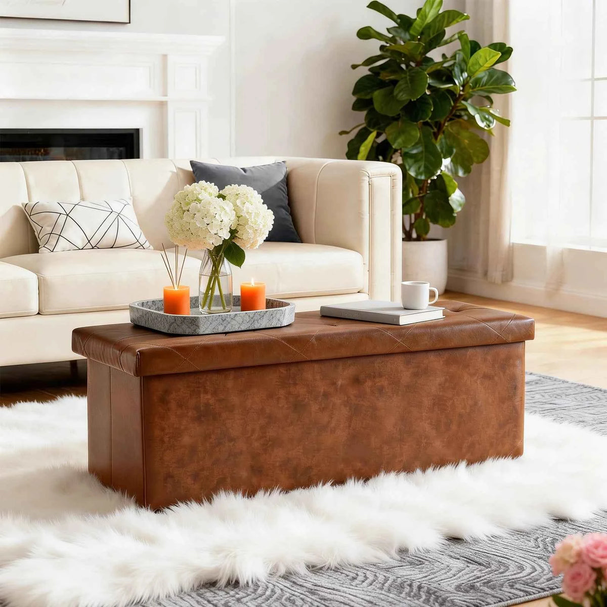 Tufted Faux Leather Storage Bench Folding Footrest Ottoman with 400lbs Weight Capacity,