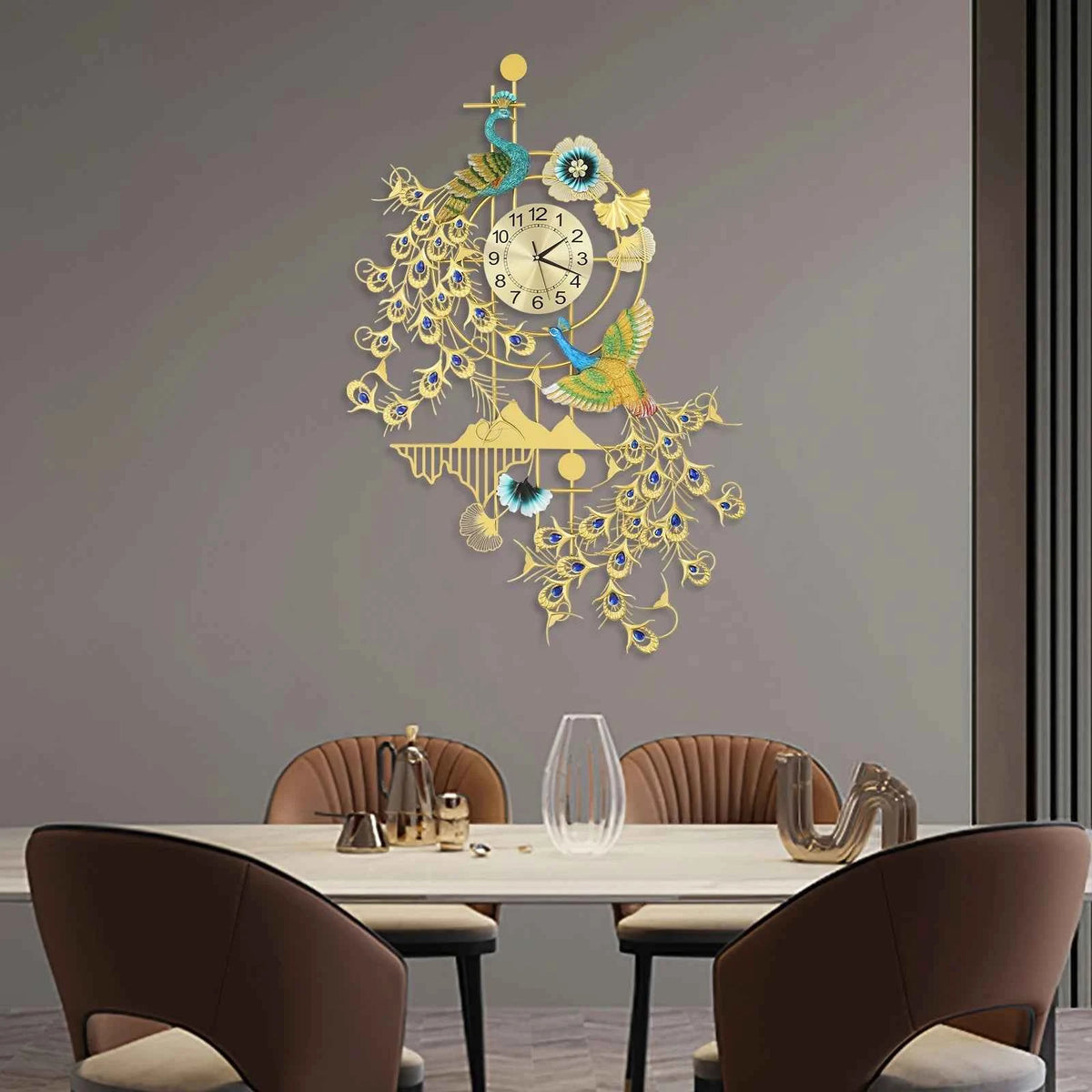 Large 80x120cm Peacock Wall Clock. Silent Quartz. Decorative Gold & Blue Rhinestone Resin Iron. Modern Art