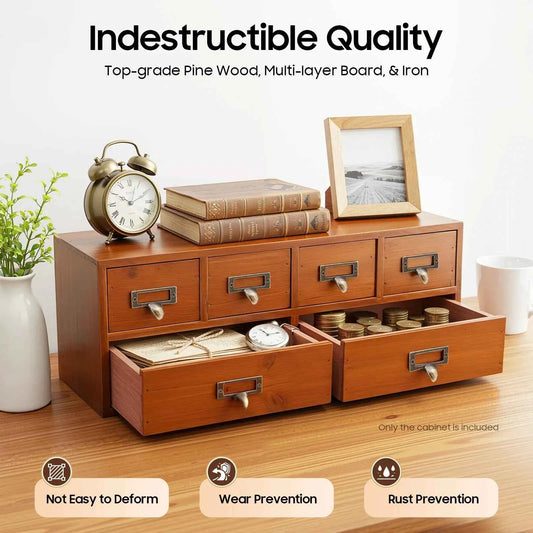Vintage Wooden 6-Drawer Apothecary Cabinet, Desktop Organizer for Medicine, Jewelry, Tea Collection in Library Catalog Style‌