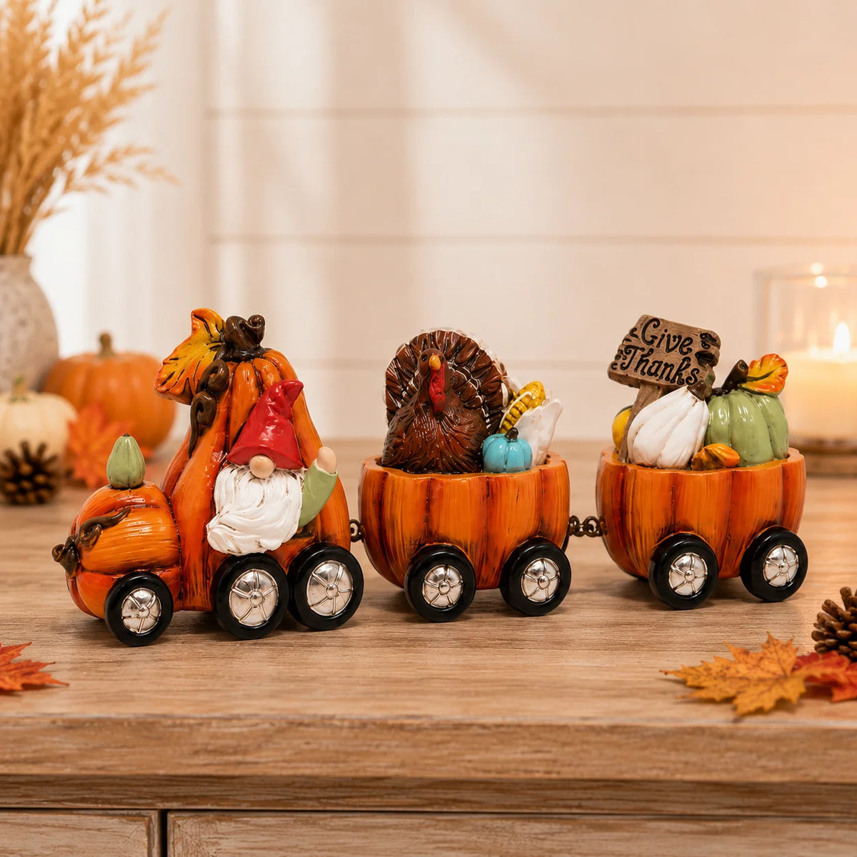 Hodao Resin Thanksgiving Pumpkin Train Figure, 3-Car Fall Harvest Decoration with Gnome, Turkey, Corn, Pumpkins & Give Thanks Sign, 7.8" Long Autumn Farmhouse Tabletop Centerpiece, Seasonal Shelf Mantel Decoration
