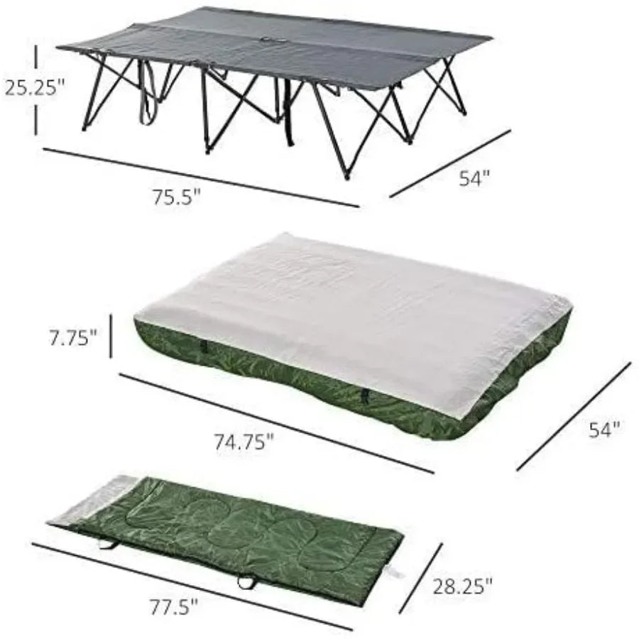 2-Person Potable Folding Camping Cot. Outdoor Bed Set with Pillows