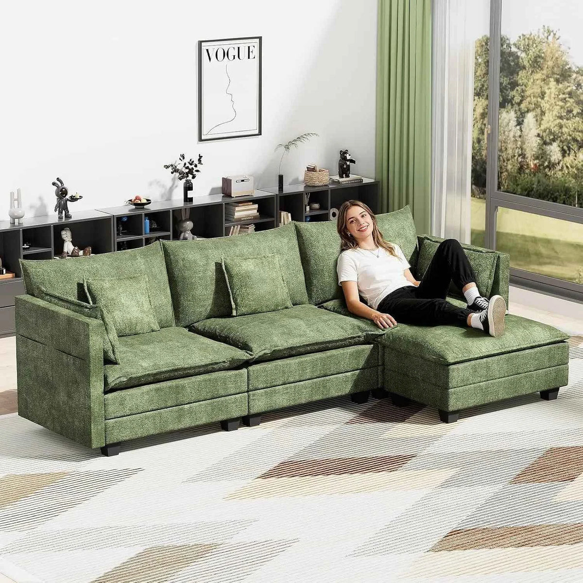 112.5" L-Shape Modular Sofa with Ottoman, Deep Seat Sleeper, 3 Throw & 2 Arm Pillows, Upholstered Furniture , Custom