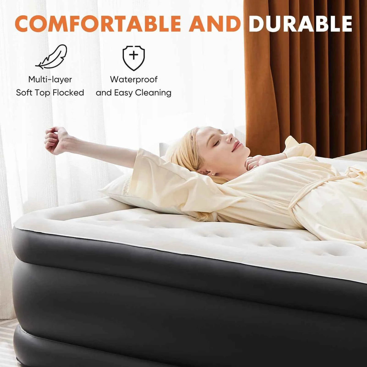 JHK Queen Or Twin Size Air Mattress. Blow Up Double Height with Non-Slip Bottom. Weight Capacity 660 lbs. Air Bed for  Home or Camping