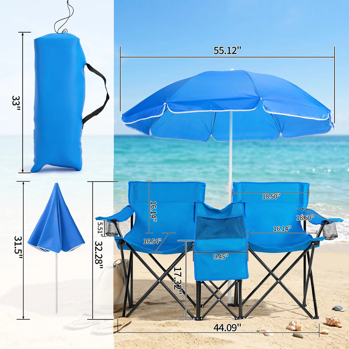 55.91"*19.69"*31.50"Double Folding Beach Chair with Removable Adjustable Umbrella, 2-Person XL Camping Chair with Cooler Bag, Cup Holders, Side Pocket, Heavy Duty 529 lbs Load, Oxford Cloth Iron Frame for Outdoor, Beach, Camp