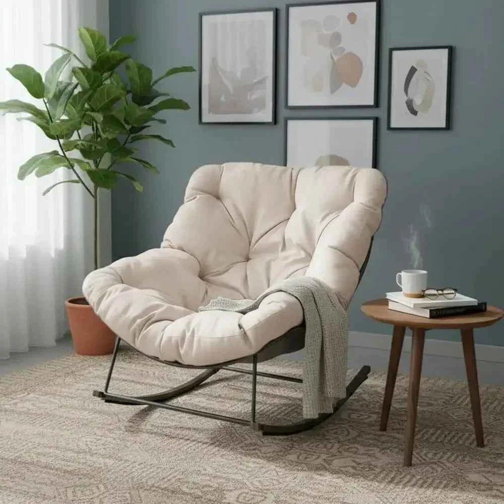 Oversized Outdoor Rocking Chair with Cushion, Egg-shaped Papasan for Patio, Garden, Beige