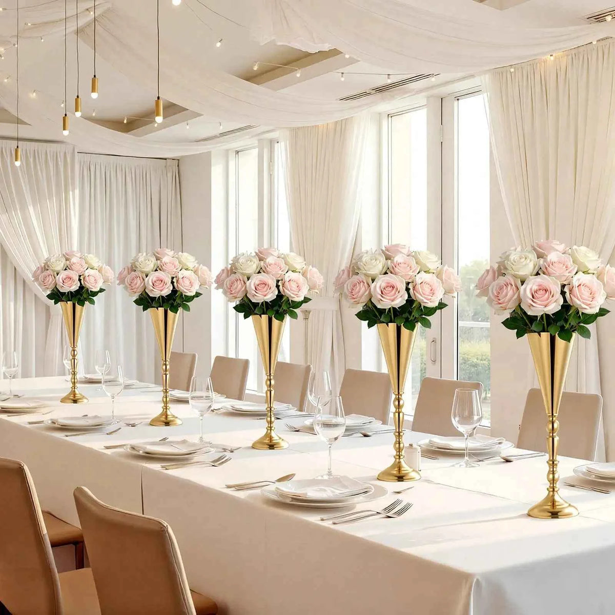 12 PCS Wedding Flower Vase, 21.7 In Tall Trumpet Flower Table Centerpieces, Banquet Vases Easy Installation, Electroplated Versatile Arrangement Stand For Party Events, Home Decor, Reception, Gold