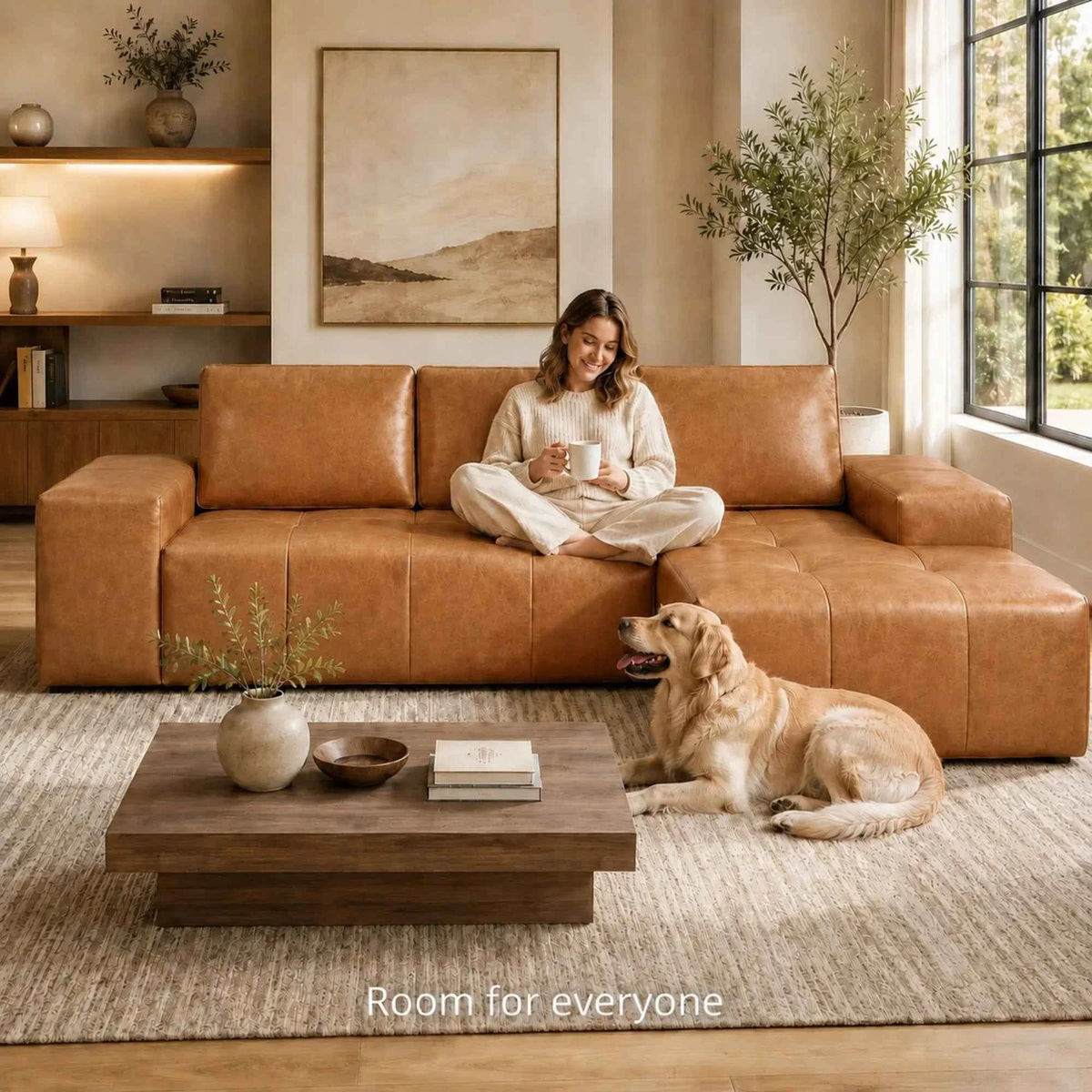114" Cloud Sectional Sofa with Chaise, L-Shaped Modular Faux Leather Couch, Boneless Deep Seat Sofa. No Assembly Needed. Brown
