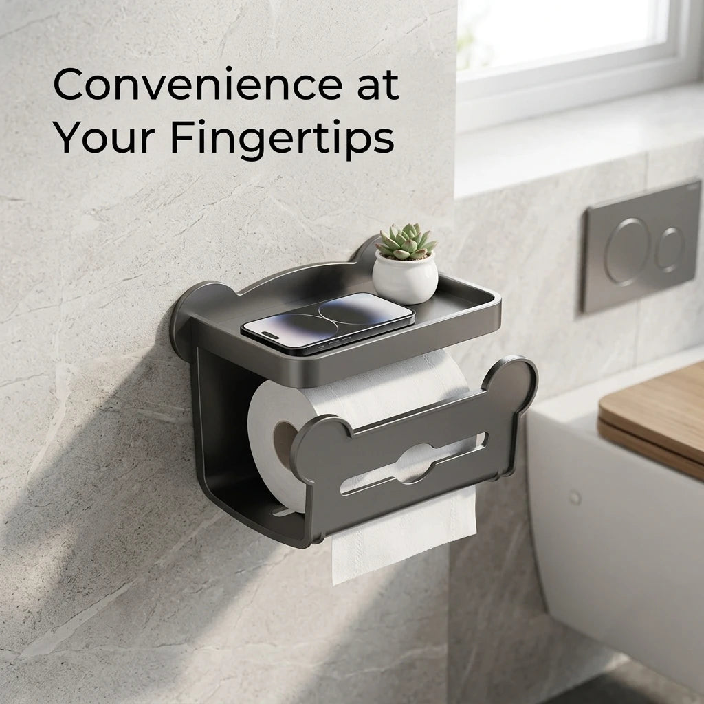 Toilet Paper Holder with Shelf. Wall Mounted Bathroom Tissue Box Storage Rack with Phone Stand for a Roll of Paper. Grey Modern Space Saving Dispenser, 7.87 x 5.51 x 4.92 Inches, Washroom Organizer