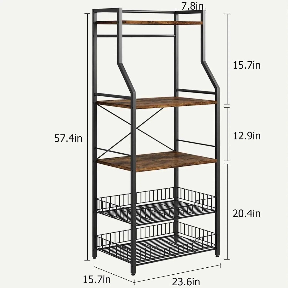 5 Tier Kitchen Bakers Rack with Microwave Stand. Freestanding Storage Shelf with Wire Baskets. Hooks,  Industrial Style Organizer